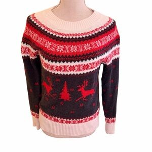 Loft Red/White Blue Reindeer/Tree Fair Isle Sweater XSP